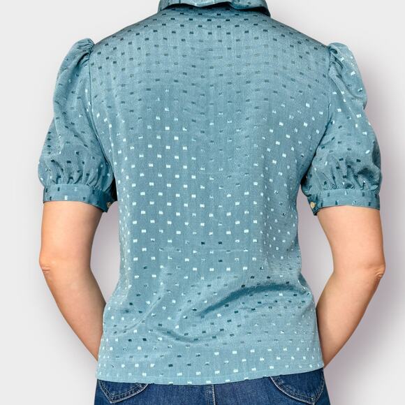 80s Blue Short Sleeve Ruffle Blouse Size M - Picture 5 of 5